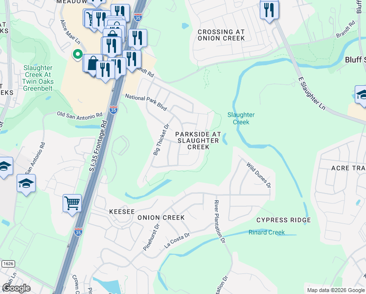 map of restaurants, bars, coffee shops, grocery stores, and more near 2432 National Park Boulevard in Austin