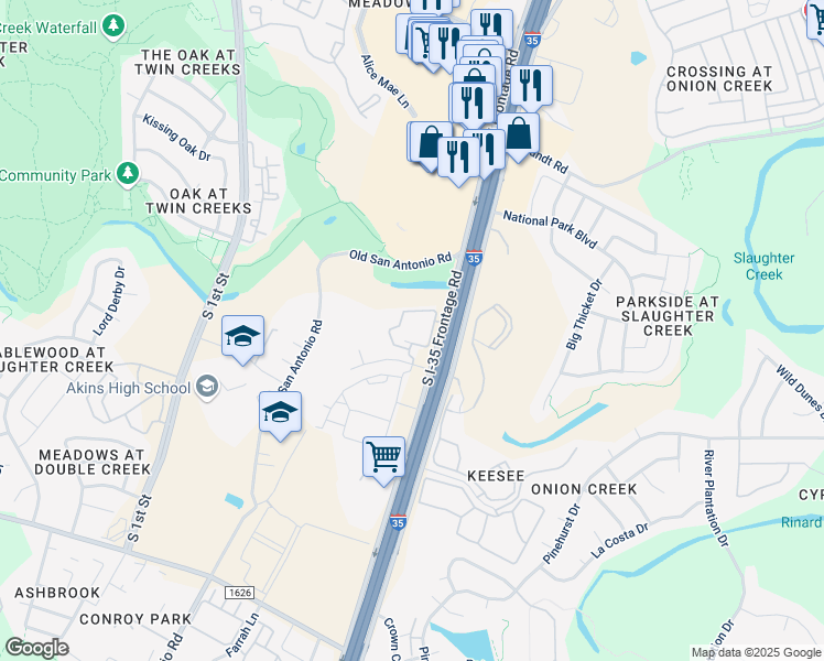 map of restaurants, bars, coffee shops, grocery stores, and more near 10314 South Interstate 35 Frontage Road in Austin