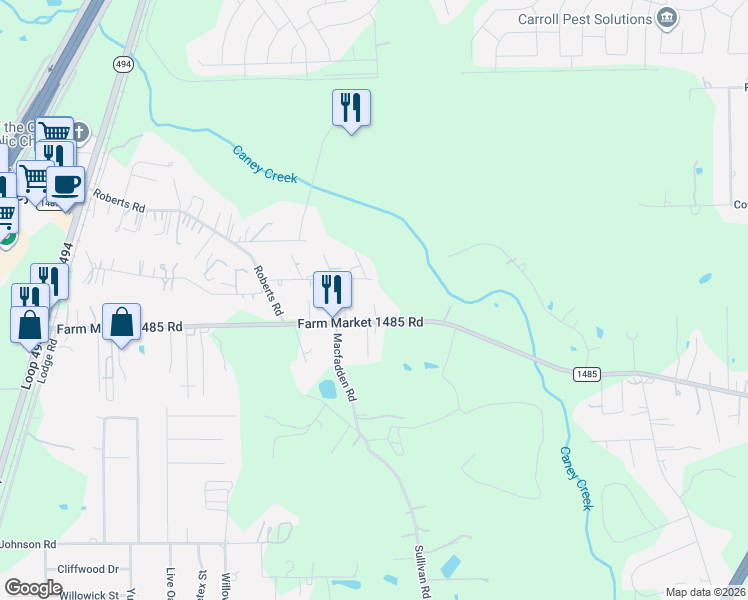 map of restaurants, bars, coffee shops, grocery stores, and more near 23984 Wildwood Oaks Drive in New Caney