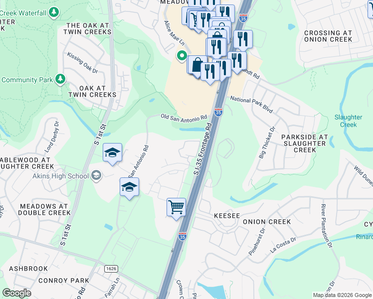 map of restaurants, bars, coffee shops, grocery stores, and more near 10300 South Interstate 35 Frontage Road in Austin