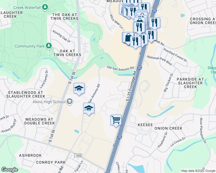 map of restaurants, bars, coffee shops, grocery stores, and more near 10600 Old San Antonio Road in Austin