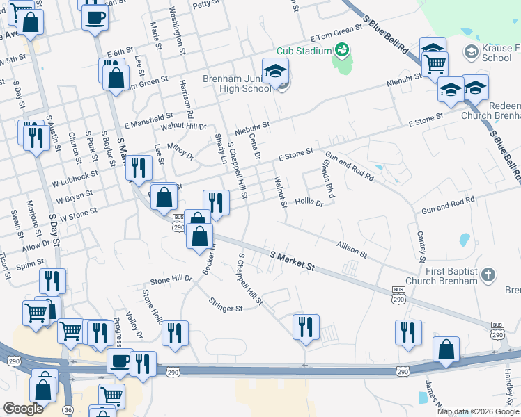 map of restaurants, bars, coffee shops, grocery stores, and more near 906 Lawndale Avenue in Brenham