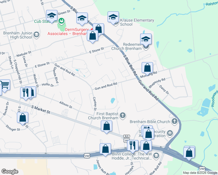 map of restaurants, bars, coffee shops, grocery stores, and more near 1904 Gun and Rod Road in Brenham