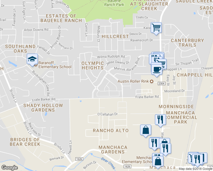 map of restaurants, bars, coffee shops, grocery stores, and more near 2701 James Bausch Lane in Austin