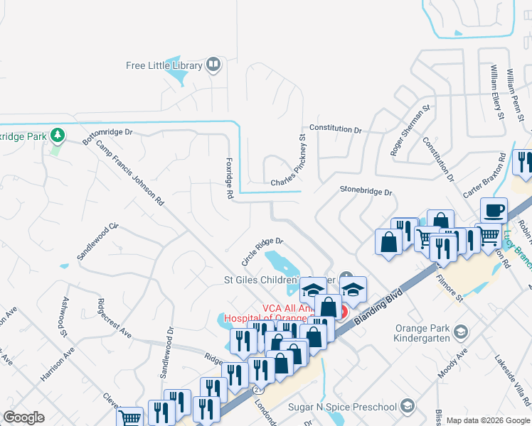 map of restaurants, bars, coffee shops, grocery stores, and more near 233 Foxridge Road in Orange Park