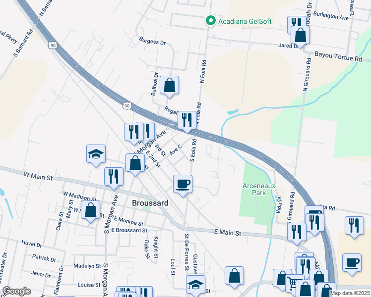 map of restaurants, bars, coffee shops, grocery stores, and more near 517 South Eola Road in Broussard