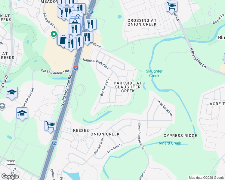 map of restaurants, bars, coffee shops, grocery stores, and more near 10305 Yellowstone Drive in Austin