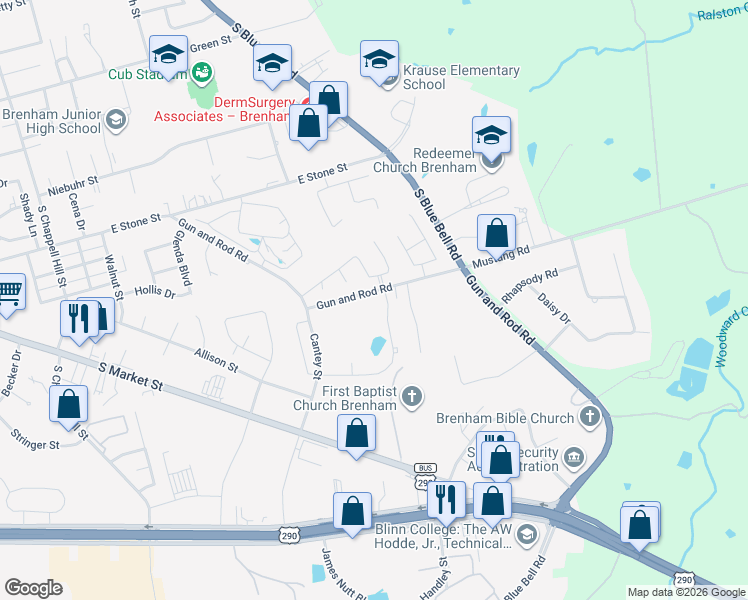 map of restaurants, bars, coffee shops, grocery stores, and more near 1904 Gun and Rod Road in Brenham