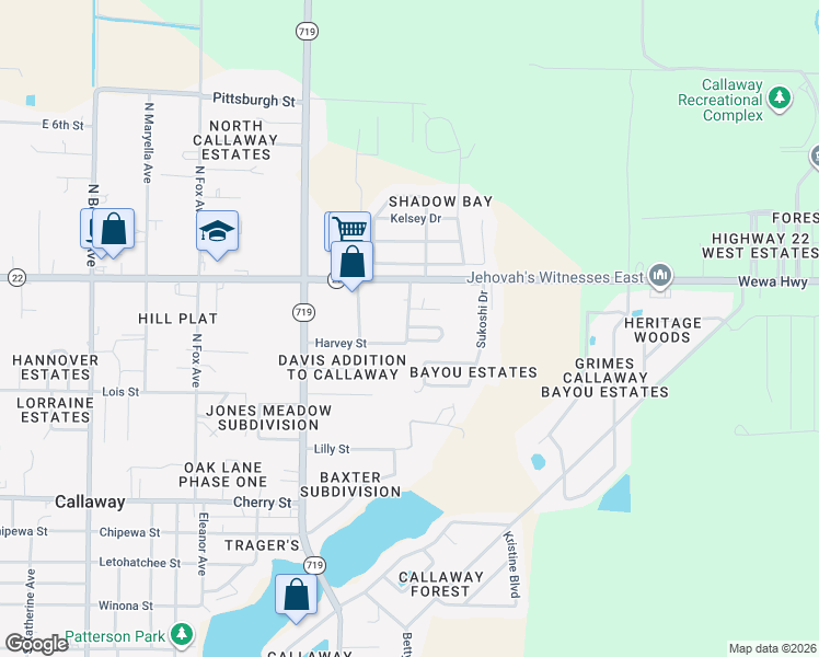 map of restaurants, bars, coffee shops, grocery stores, and more near 19 Nelle Street in Callaway