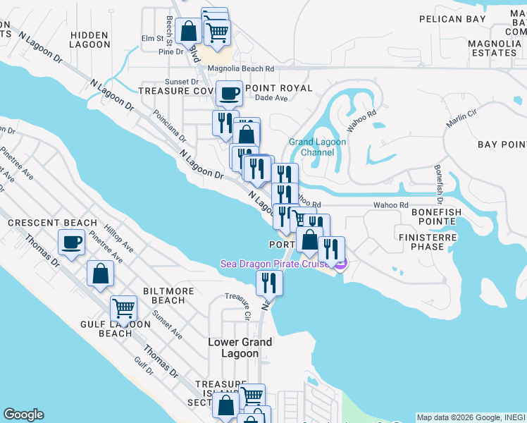 map of restaurants, bars, coffee shops, grocery stores, and more near 5813 North Lagoon Drive in Panama City Beach