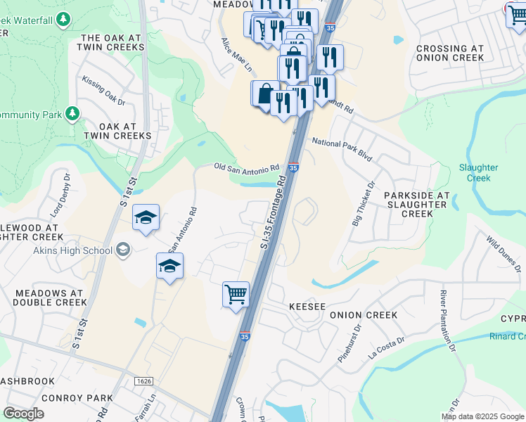 map of restaurants, bars, coffee shops, grocery stores, and more near 10300 South Interstate 35 Frontage Road in Austin
