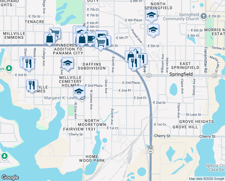 map of restaurants, bars, coffee shops, grocery stores, and more near E 2nd Place East in Panama City