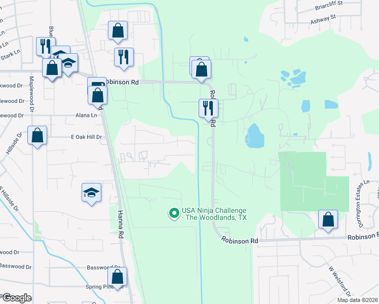 map of restaurants, bars, coffee shops, grocery stores, and more near 11308 Hillridge Drive in Conroe