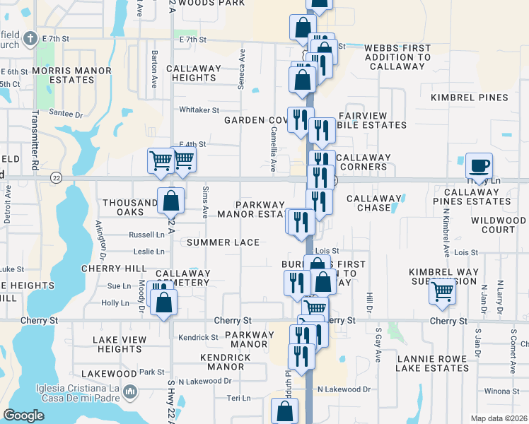 map of restaurants, bars, coffee shops, grocery stores, and more near 5318 Ella Street in Panama City