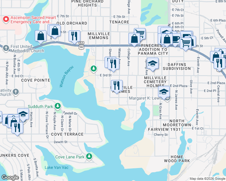 map of restaurants, bars, coffee shops, grocery stores, and more near 226 Sherman Ave in Panama City