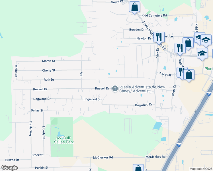 map of restaurants, bars, coffee shops, grocery stores, and more near 22083 Russell Drive in New Caney