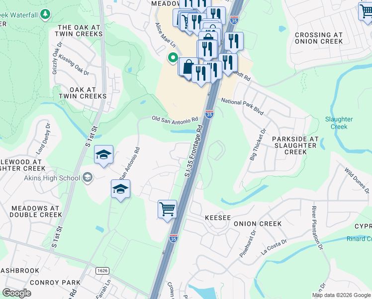 map of restaurants, bars, coffee shops, grocery stores, and more near 10300 South Interstate 35 Frontage Road in Austin