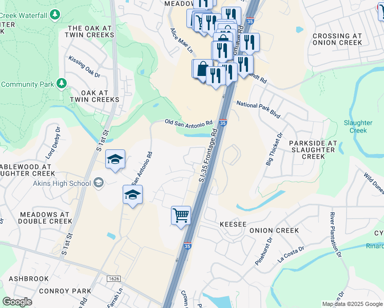 map of restaurants, bars, coffee shops, grocery stores, and more near 10314-10744 South Interstate 35 Frontage Road in Austin