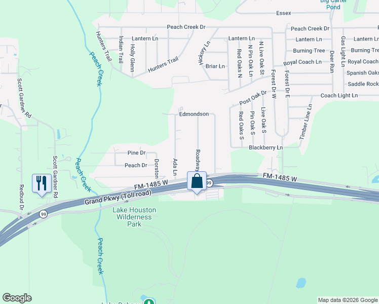 map of restaurants, bars, coffee shops, grocery stores, and more near 20217 Ada Lane in New Caney