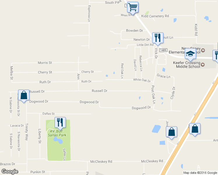map of restaurants, bars, coffee shops, grocery stores, and more near 22083 Russell Drive in New Caney