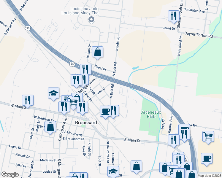 map of restaurants, bars, coffee shops, grocery stores, and more near 517 South Eola Road in Broussard