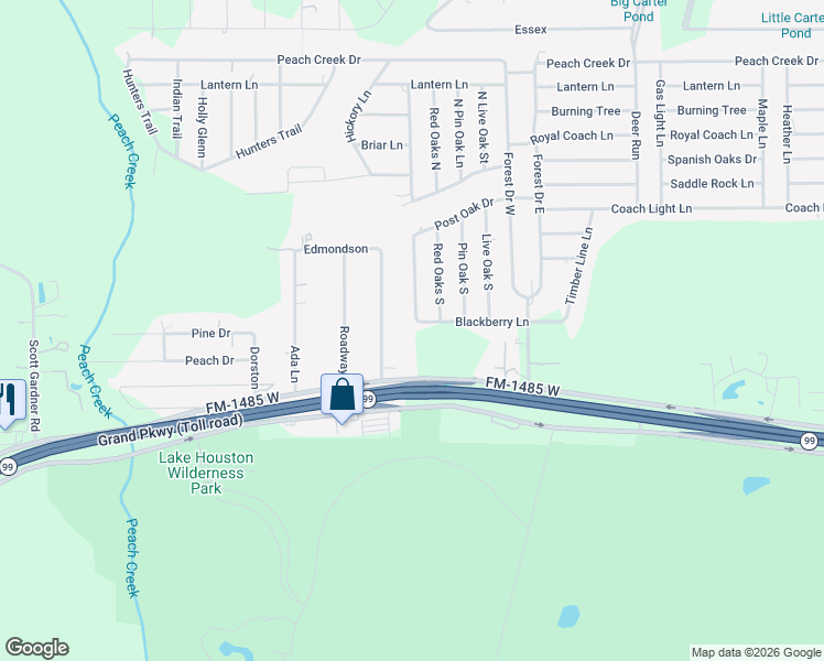 map of restaurants, bars, coffee shops, grocery stores, and more near 26344 Blackberry Lane in New Caney