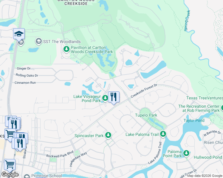 map of restaurants, bars, coffee shops, grocery stores, and more near 34 Johnathan Landing Court in Spring
