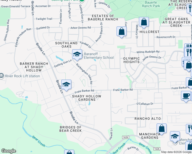 map of restaurants, bars, coffee shops, grocery stores, and more near 11916 Battle Bridge Drive in Austin