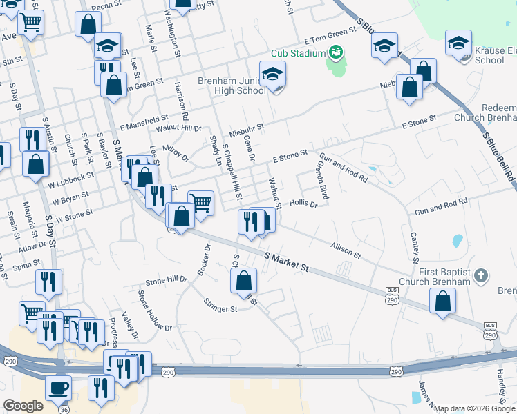 map of restaurants, bars, coffee shops, grocery stores, and more near 906 Lawndale Avenue in Brenham