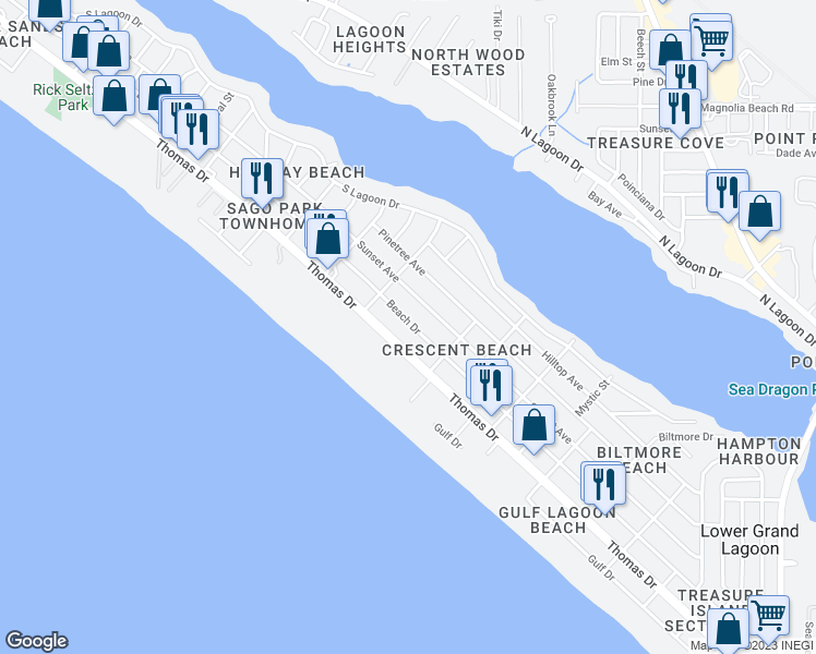 map of restaurants, bars, coffee shops, grocery stores, and more near 6228 Thomas Drive in Panama City Beach
