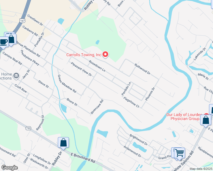 map of restaurants, bars, coffee shops, grocery stores, and more near 121 Metairie Court in Lafayette