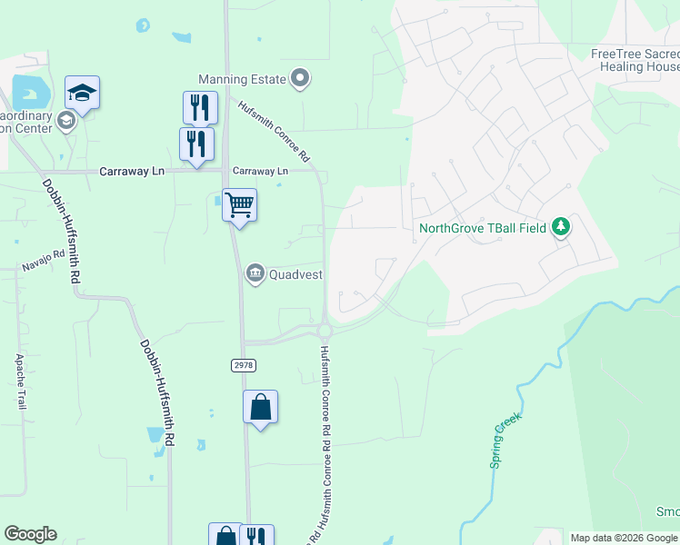 map of restaurants, bars, coffee shops, grocery stores, and more near 26934 Hufsmith Conroe Road in Magnolia
