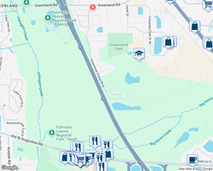 map of restaurants, bars, coffee shops, grocery stores, and more near 6282 Falbridge Court in Jacksonville