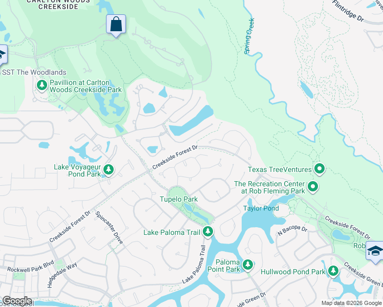 map of restaurants, bars, coffee shops, grocery stores, and more near 86 North Pinto Point Circle in The Woodlands