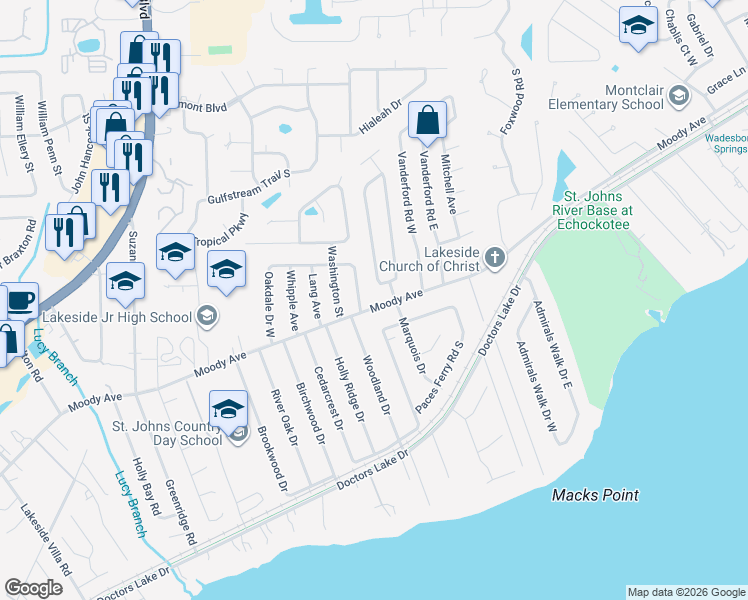 map of restaurants, bars, coffee shops, grocery stores, and more near 2307 Oakdale Drive North in Orange Park