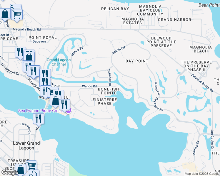 map of restaurants, bars, coffee shops, grocery stores, and more near 542 Wahoo Road in Panama City Beach