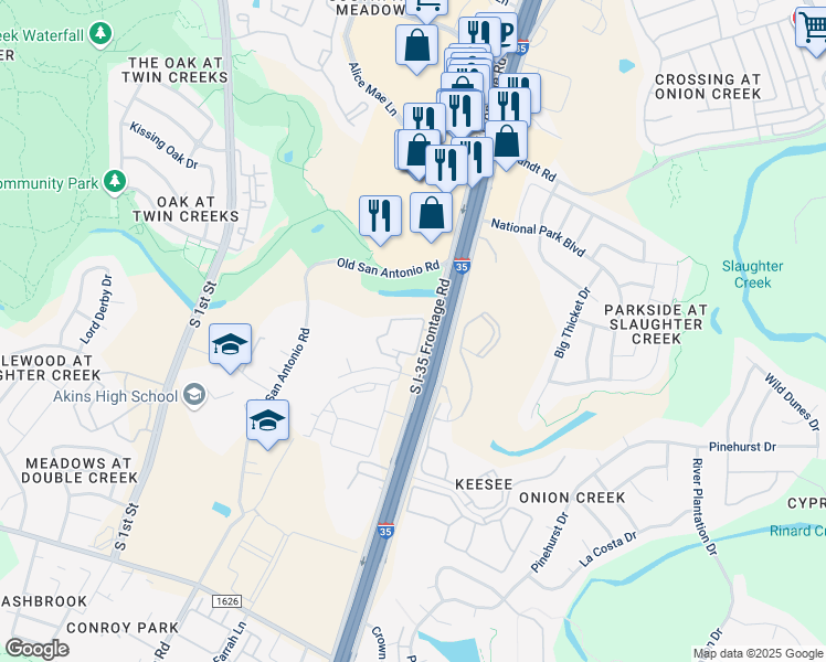 map of restaurants, bars, coffee shops, grocery stores, and more near 10300 South Interstate 35 Frontage Road in Austin