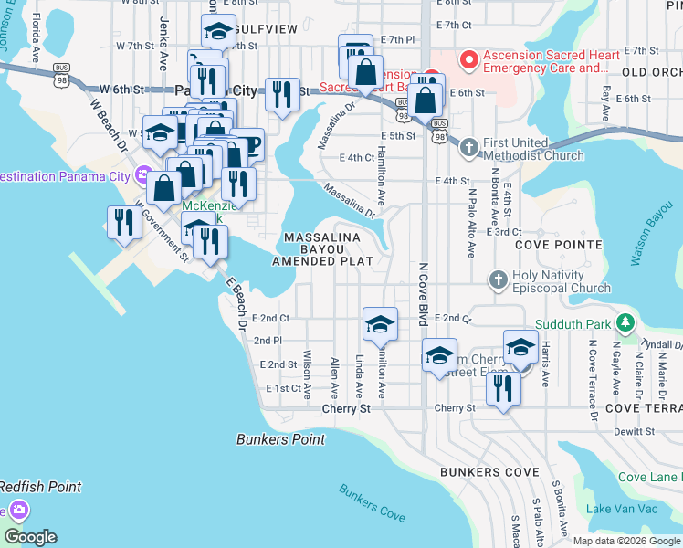 map of restaurants, bars, coffee shops, grocery stores, and more near 308 Allen Avenue in Panama City