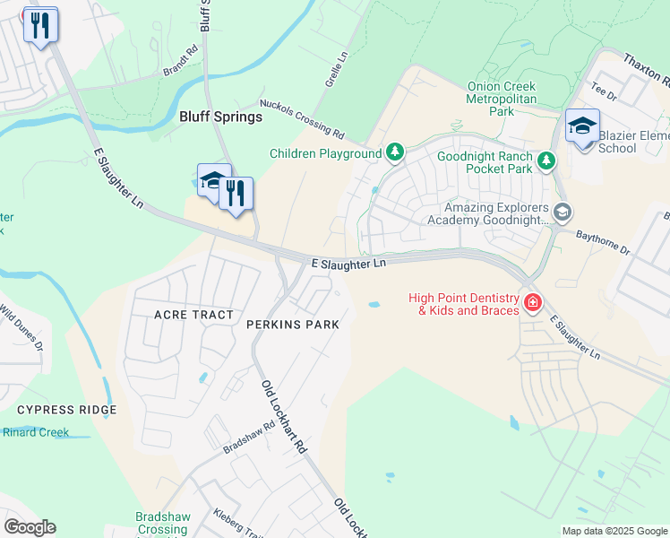 map of restaurants, bars, coffee shops, grocery stores, and more near 1601 East Slaughter Lane in Austin