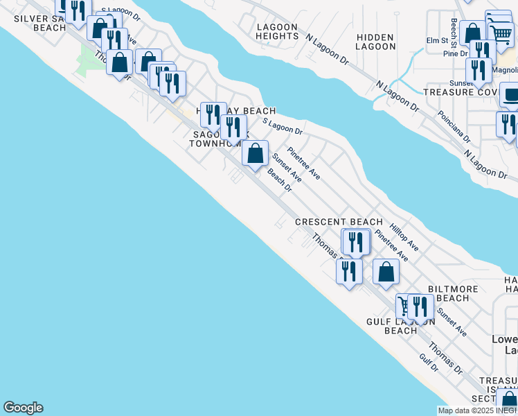 map of restaurants, bars, coffee shops, grocery stores, and more near 6415 Thomas Drive in Panama City Beach