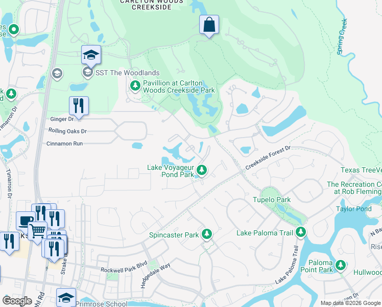 map of restaurants, bars, coffee shops, grocery stores, and more near 4 North Bayou Club Court in Spring