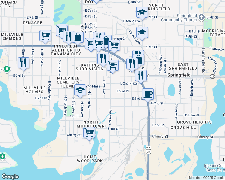 map of restaurants, bars, coffee shops, grocery stores, and more near E 2nd Place East in Panama City