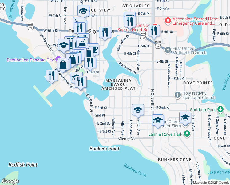 map of restaurants, bars, coffee shops, grocery stores, and more near 307 Wilson Avenue in Panama City