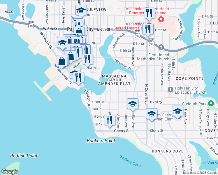 map of restaurants, bars, coffee shops, grocery stores, and more near 307 Wilson Avenue in Panama City