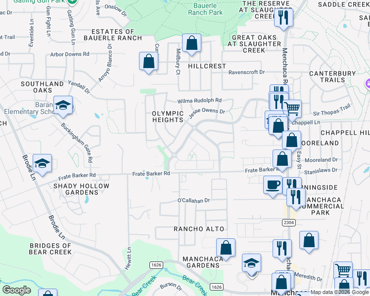 map of restaurants, bars, coffee shops, grocery stores, and more near 2609 Marcus Abrams Boulevard in Austin