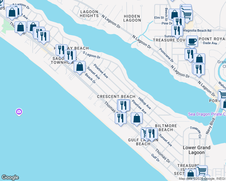 map of restaurants, bars, coffee shops, grocery stores, and more near 6120 Sunset Avenue in Panama City