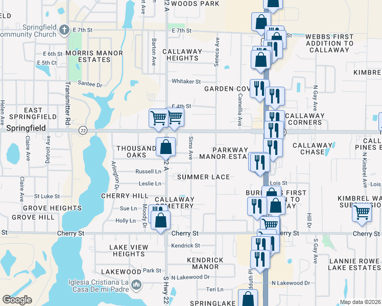 map of restaurants, bars, coffee shops, grocery stores, and more near 233 Sims Avenue in Callaway