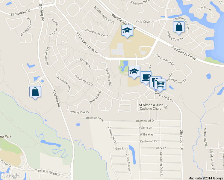 map of restaurants, bars, coffee shops, grocery stores, and more near 80 S Waxberry Rd in The Woodlands