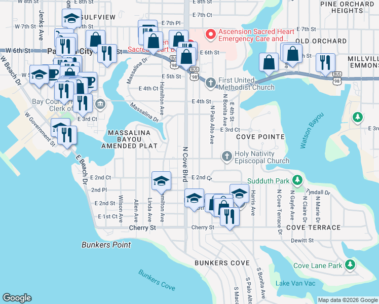 map of restaurants, bars, coffee shops, grocery stores, and more near 304 North Cove Boulevard in Panama City