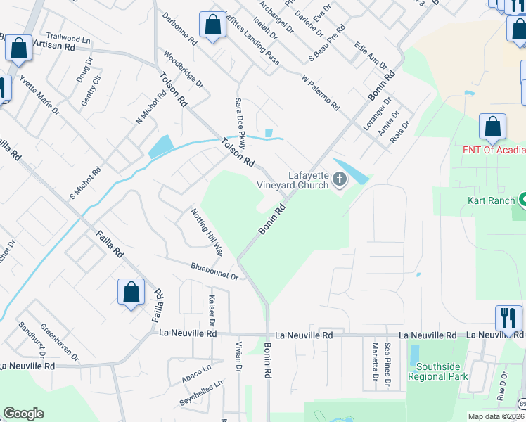 map of restaurants, bars, coffee shops, grocery stores, and more near 810 Bonin Road in Lafayette